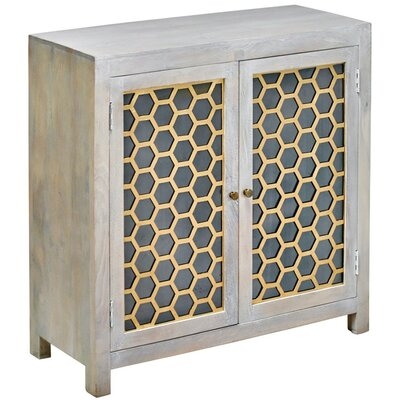 40 Inch Antique White Wash 2 Glass Doors Honeycomb Brass Overlay Cabinet Bee - Image 0