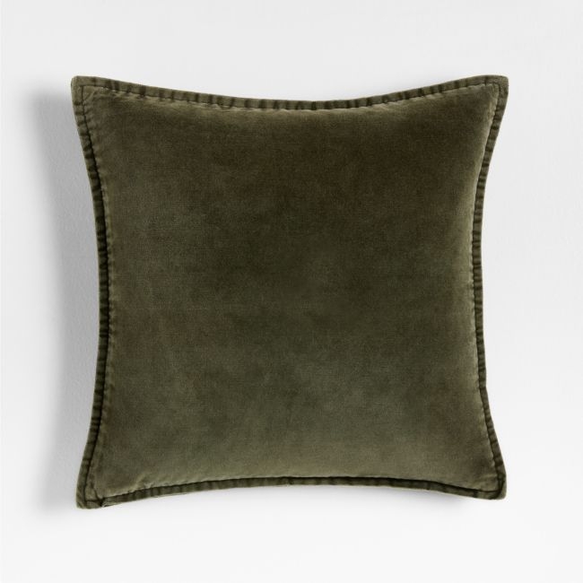 Relaxed Washed Organic Cotton Velvet 20x20 Burnt Green Throw Pillow with Feather Insert - Image 0