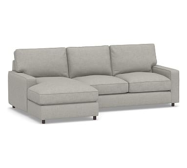 PB Comfort Square Arm Upholstered Right Arm Loveseat with Chaise Sectional, Box Edge Memory Foam Cushions, Premium Performance Basketweave Light Gray - Image 0