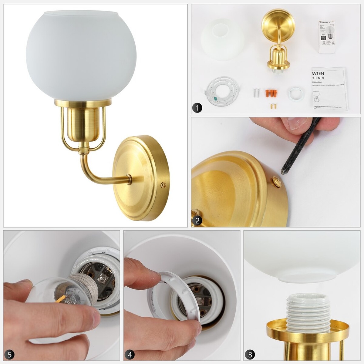 Huron 6.25" Wall Sconce - Brass / White - Safavieh - Image 4