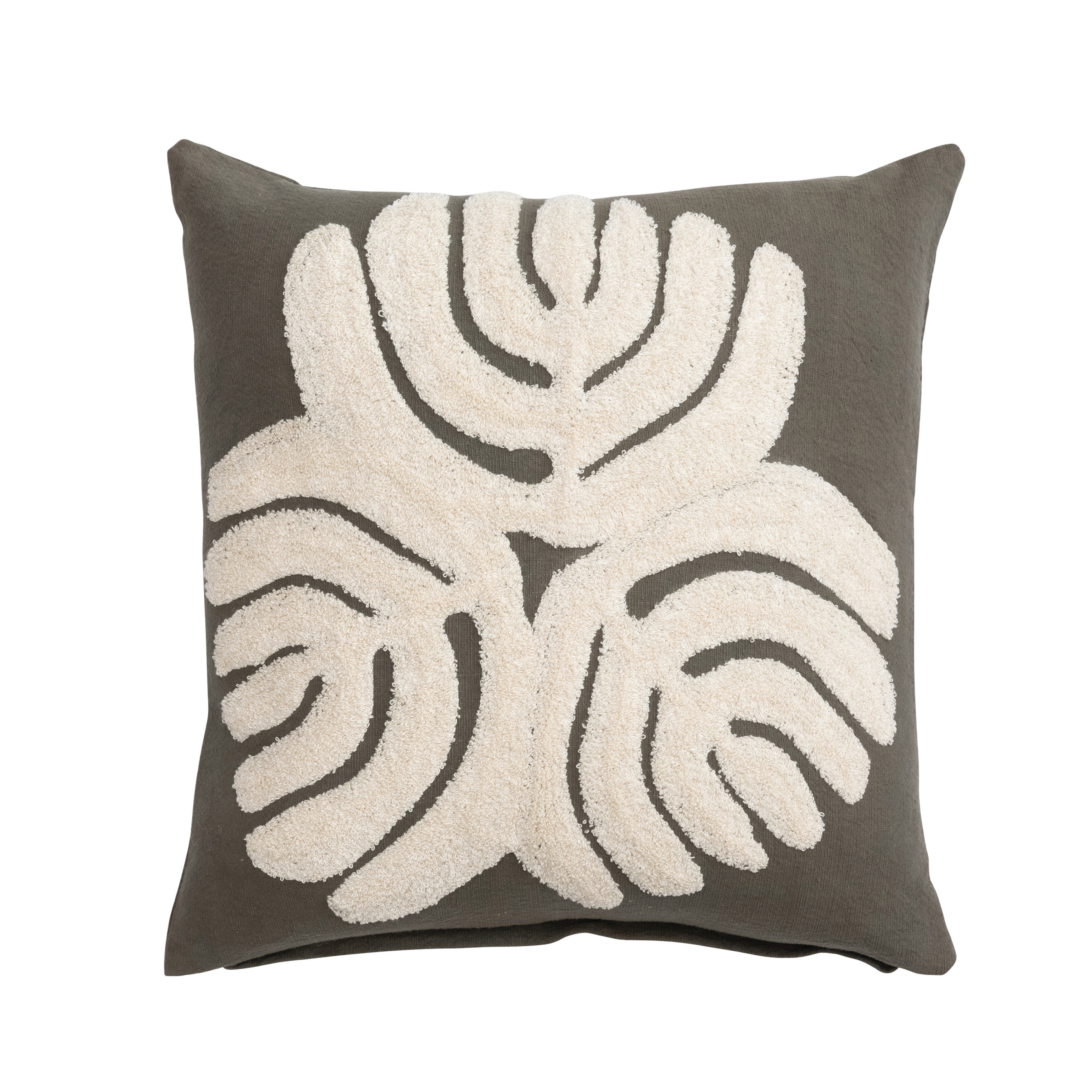  Cotton Slub Pillow Cover with Embroidery and Abstract Design, Olive Green and Cream - Image 0