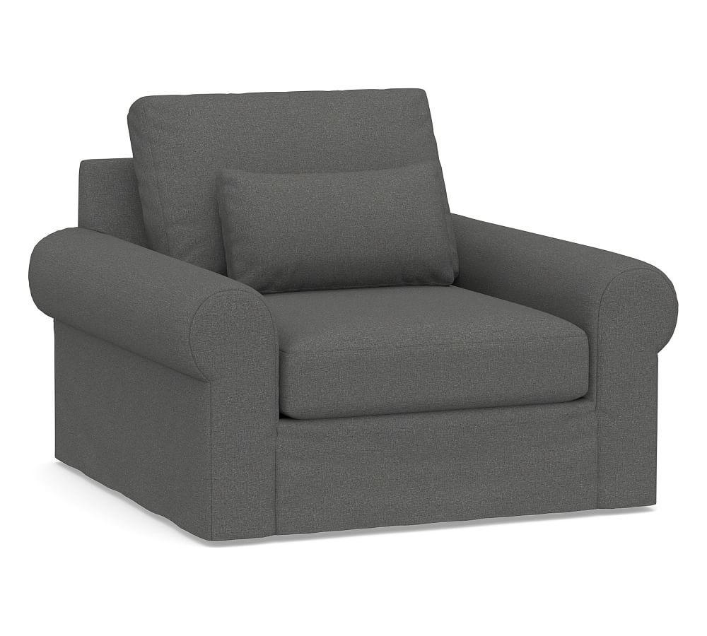 Big Sur Roll Arm Slipcovered Deep Seat Swivel Armchair, Down Blend Wrapped Cushions, Park Weave Charcoal - Image 0