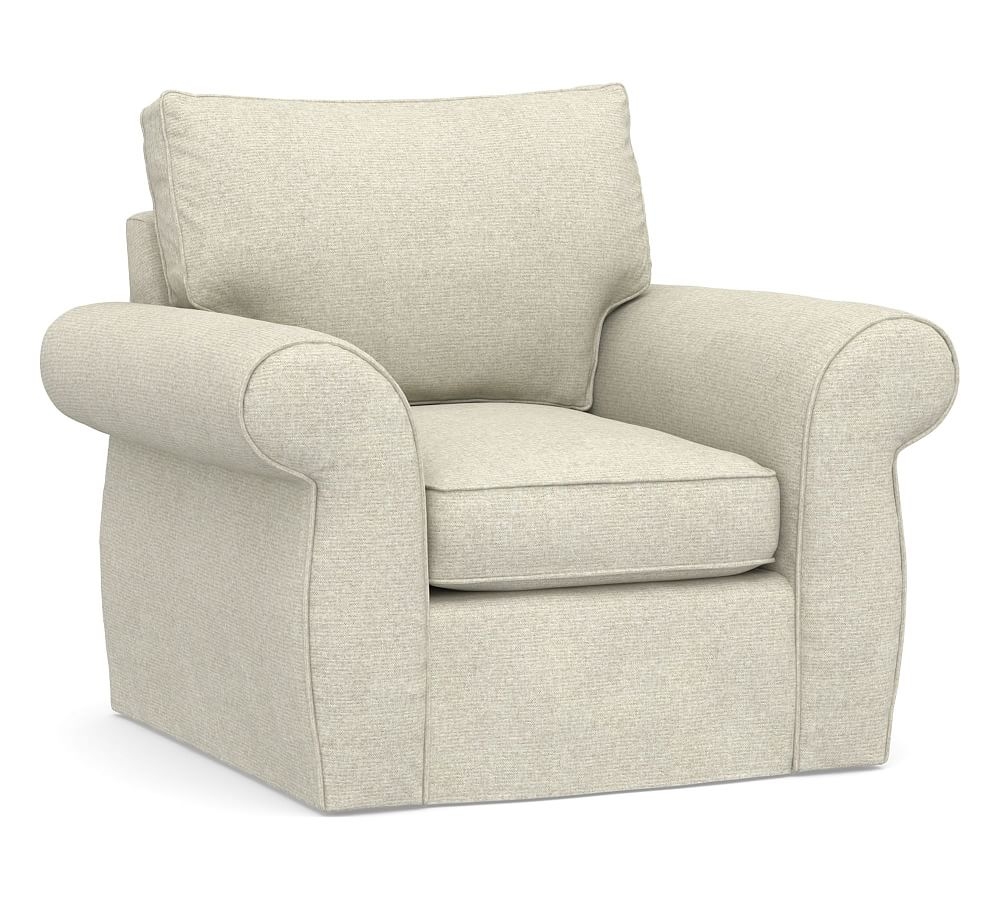 Pearce Roll Arm Slipcovered Swivel Armchair, Down Blend Wrapped Cushions, Performance Heathered Basketweave Alabaster White - Image 0