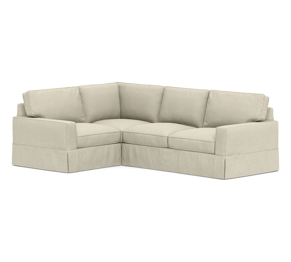 PB Comfort Square Arm Slipcovered Right Arm 3-Piece Corner Sectional, Box Edge, Memory Foam Cushions, Chenille Basketweave Oatmeal - Image 0