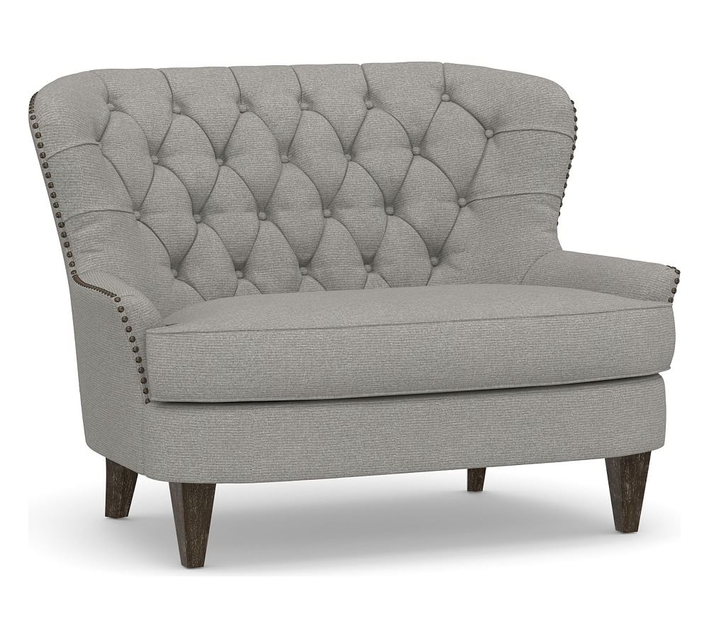 Cardiff Upholstered Settee, Polyester Wrapped Cushions, Performance Heathered Basketweave Platinum - Image 0