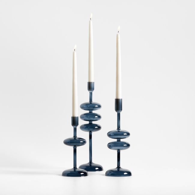 Venezia Deep Blue Glass Taper Candle Holders, Set of 3 - Image 0