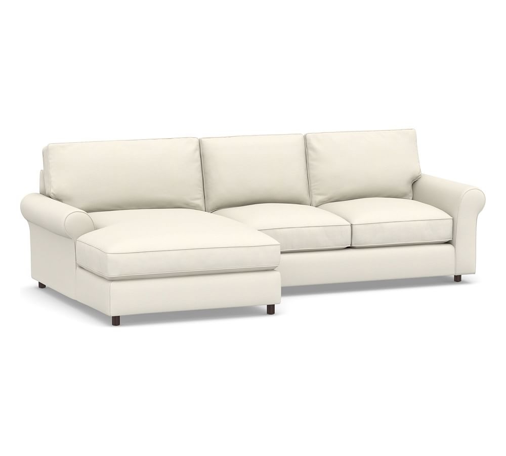 PB Comfort Roll Arm Upholstered Right Arm Loveseat with Double Chaise Sectional, Box Edge Memory Foam Cushions, Textured Twill Ivory - Image 0