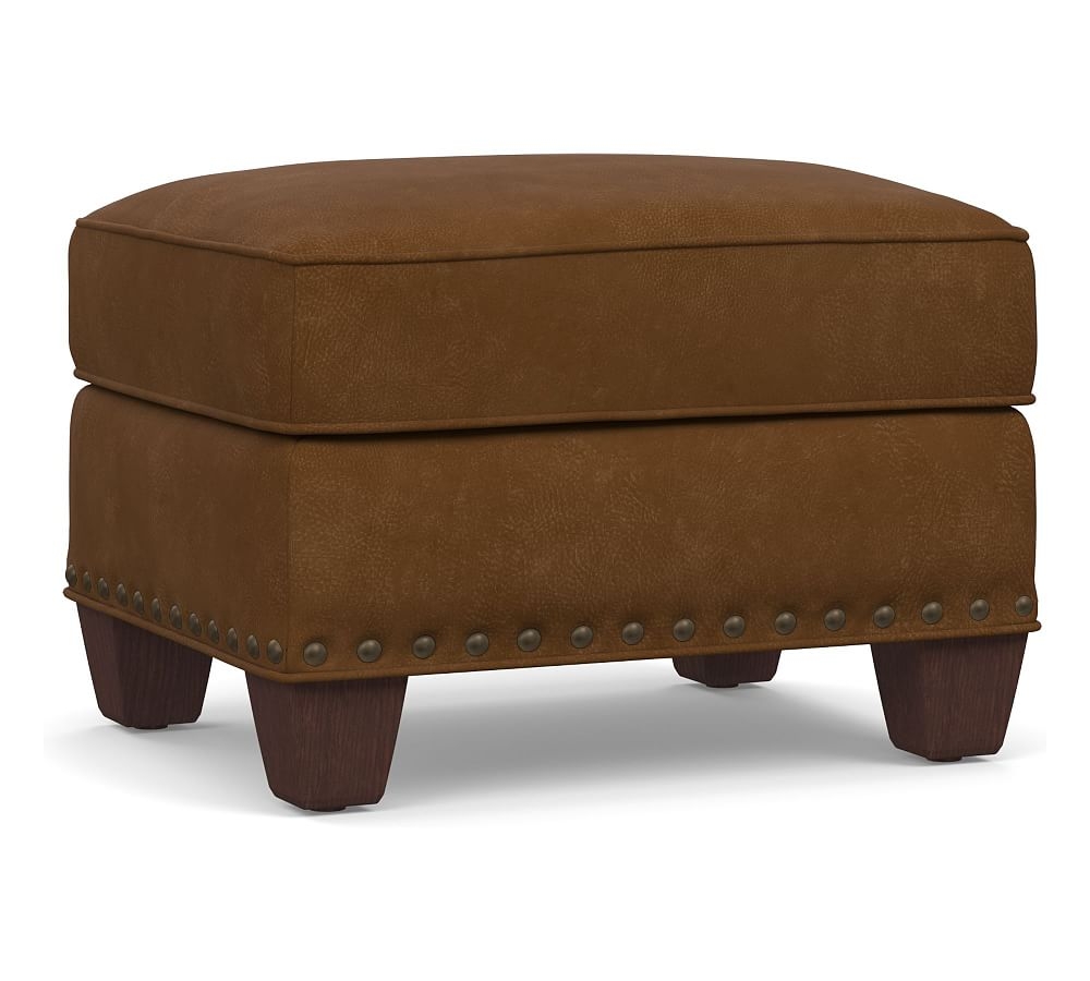 Irving Leather Storage Ottoman, Bronze Nailheads, Polyester Wrapped Cushions, Aviator Umber - Image 0