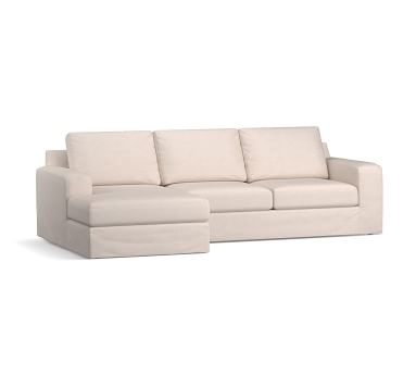 Big Sur Square Arm Slipcovered Right Arm Sofa with Chaise Sectional and Bench Cushion, Down Blend Wrapped Cushions, Chenille Basketweave Pebble - Image 2