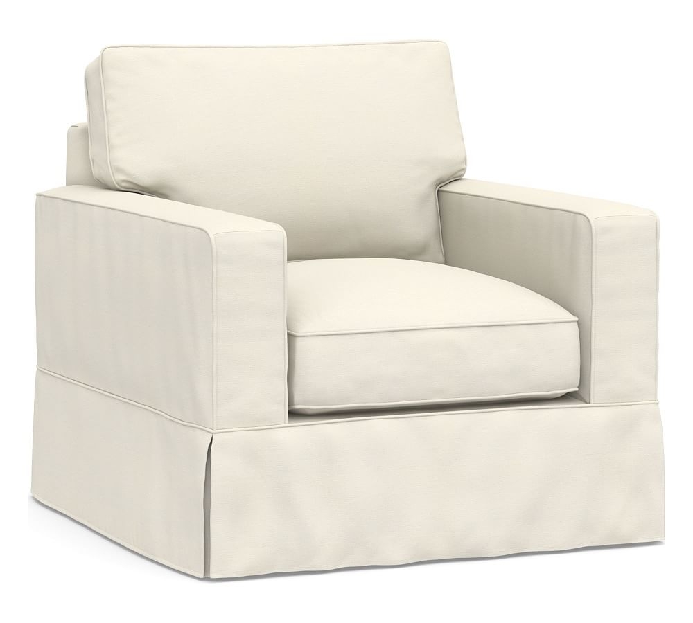PB Comfort Square Arm Slipcovered Swivel Armchair, Box Edge Memory Foam Cushions, Textured Twill Ivory - Image 0
