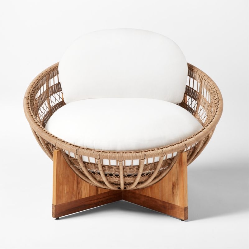 Masha Rattan and Teak Outdoor Lounge Chair with White Sunbrella® Cushions - Image 1
