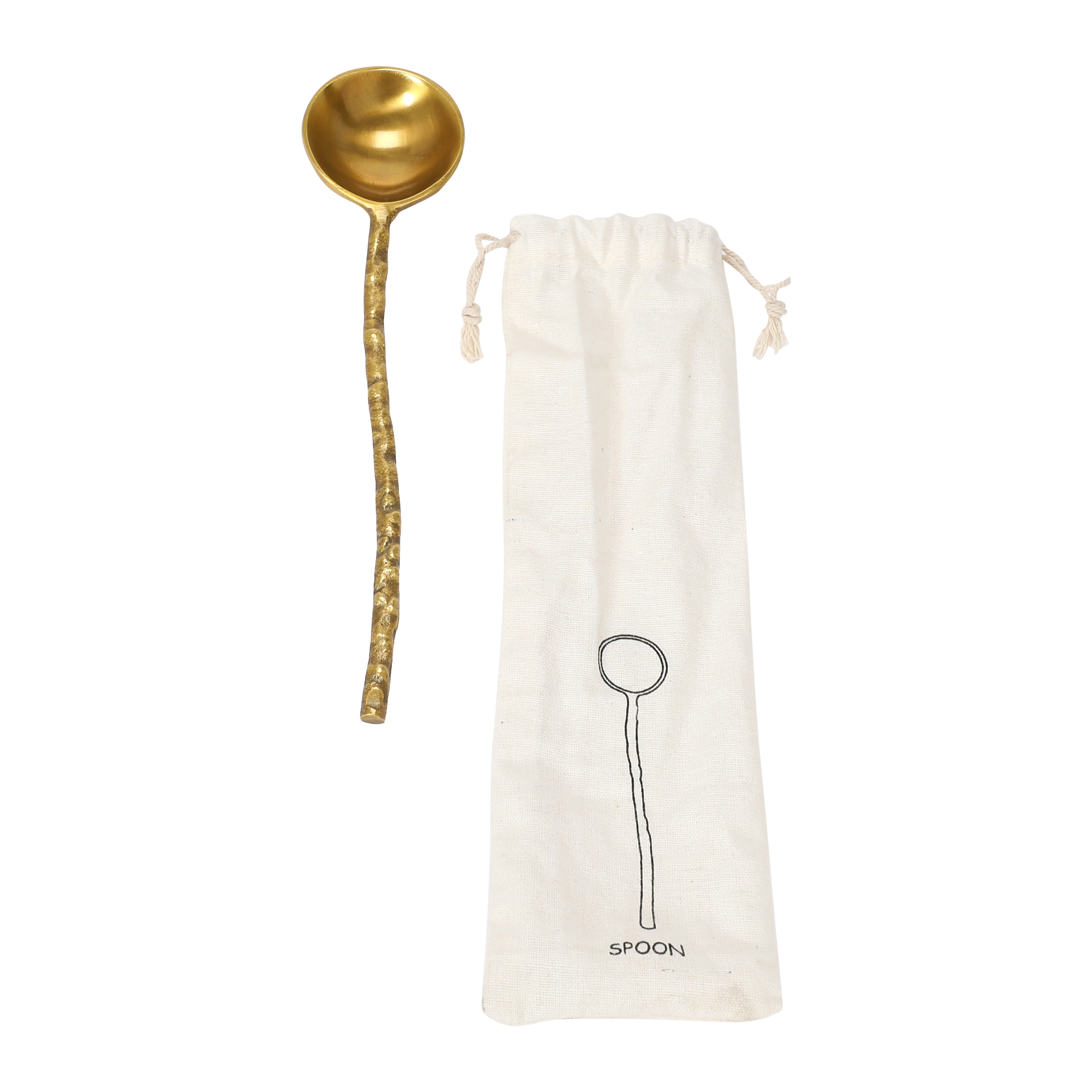  Brass Serving Spoon with Hammered Handle in Printed Drawstring Bag - Image 0