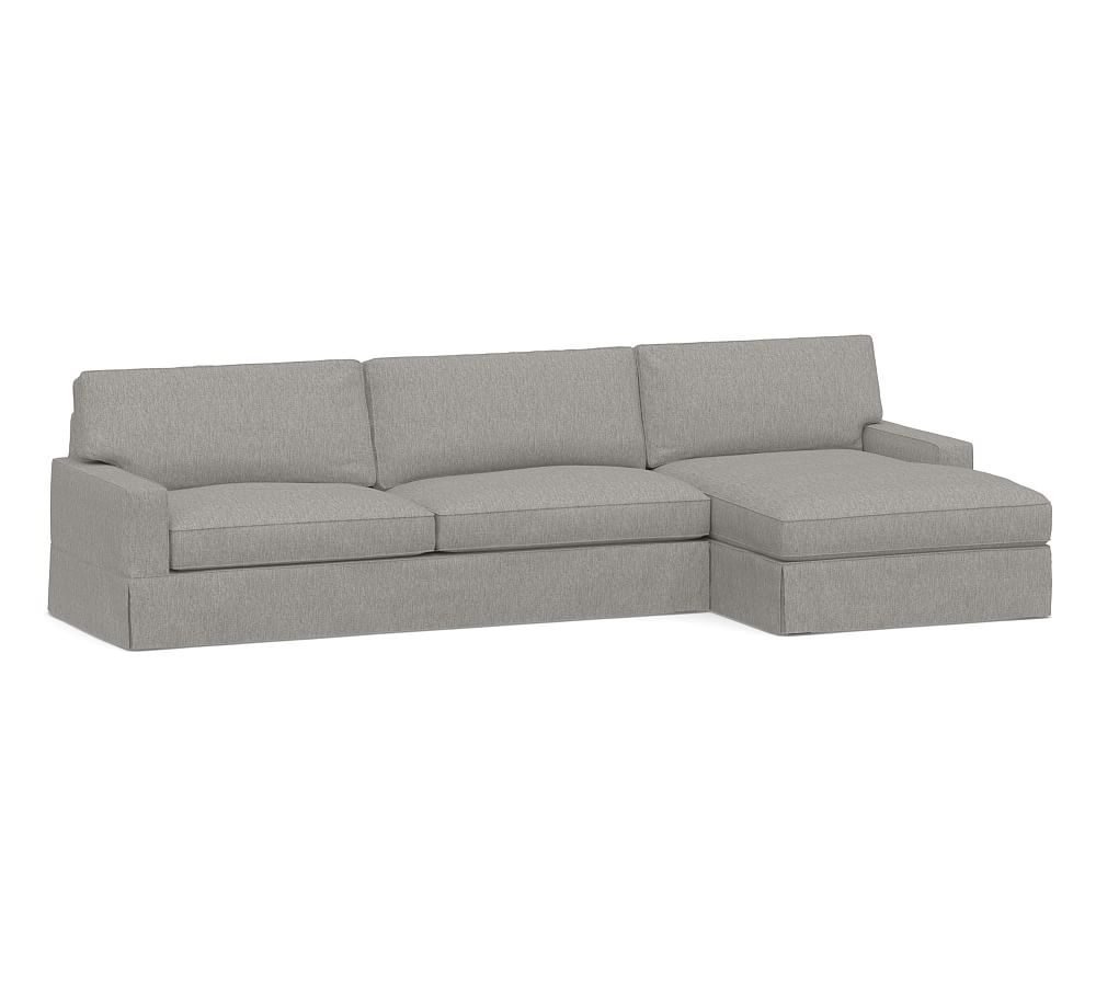 PB Comfort Square Arm Slipcovered Left Arm Sofa with Wide Chaise Sectional, Box Edge, Down Blend Wrapped Cushions, Sunbrella(R) Performance Sahara Weave Charcoal - Image 0