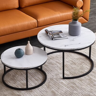 Modern Style Nesting Coffee Table Tea Table Black Metal Frame With Marble Color Top - Image 0