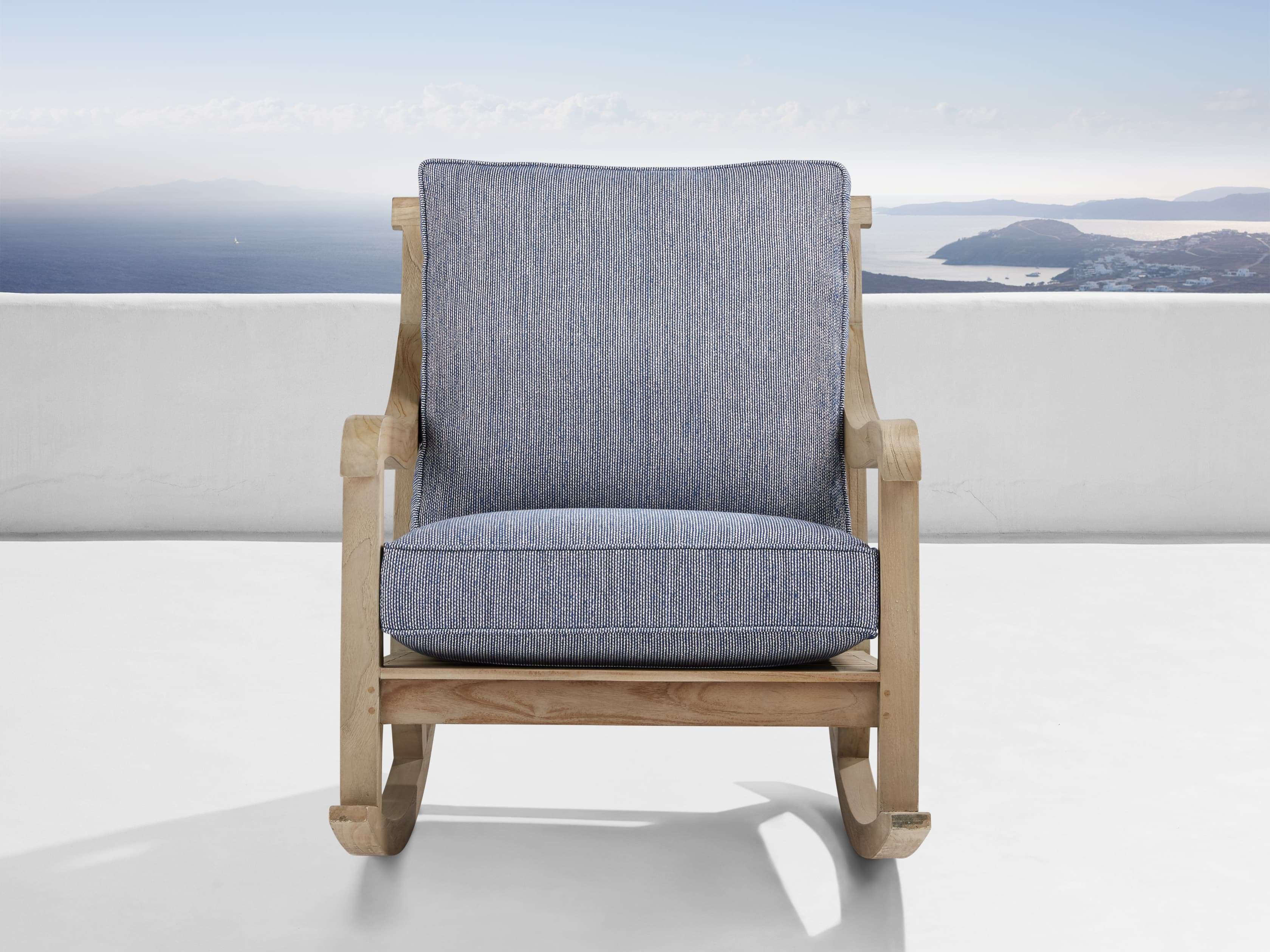 Hamptons Outdoor Rocking Chair in Weathered Fawn All Weather Wicker Natural  Cottage Indigo - Image 0