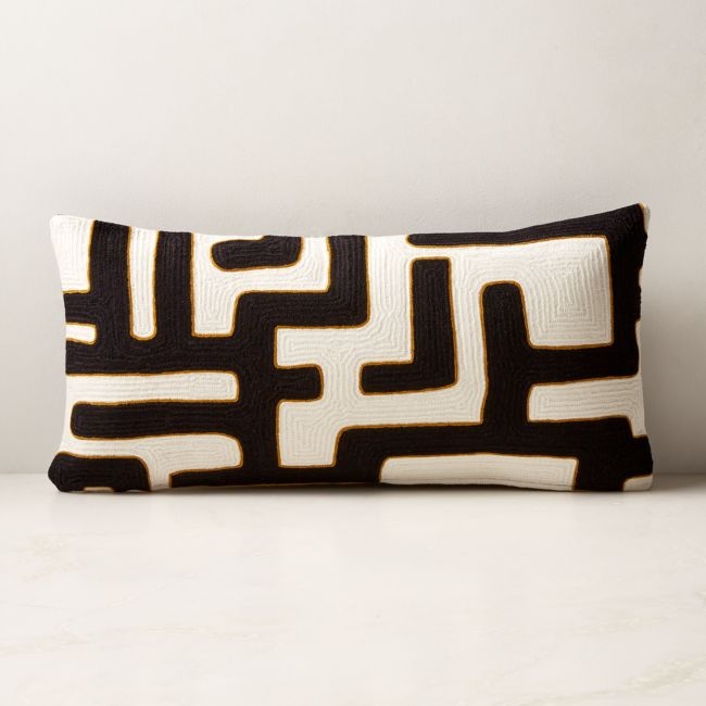 Vitali Embroidered Black and White Lumbar Pillow with Feather-Down Insert 23''x11'' - Image 0