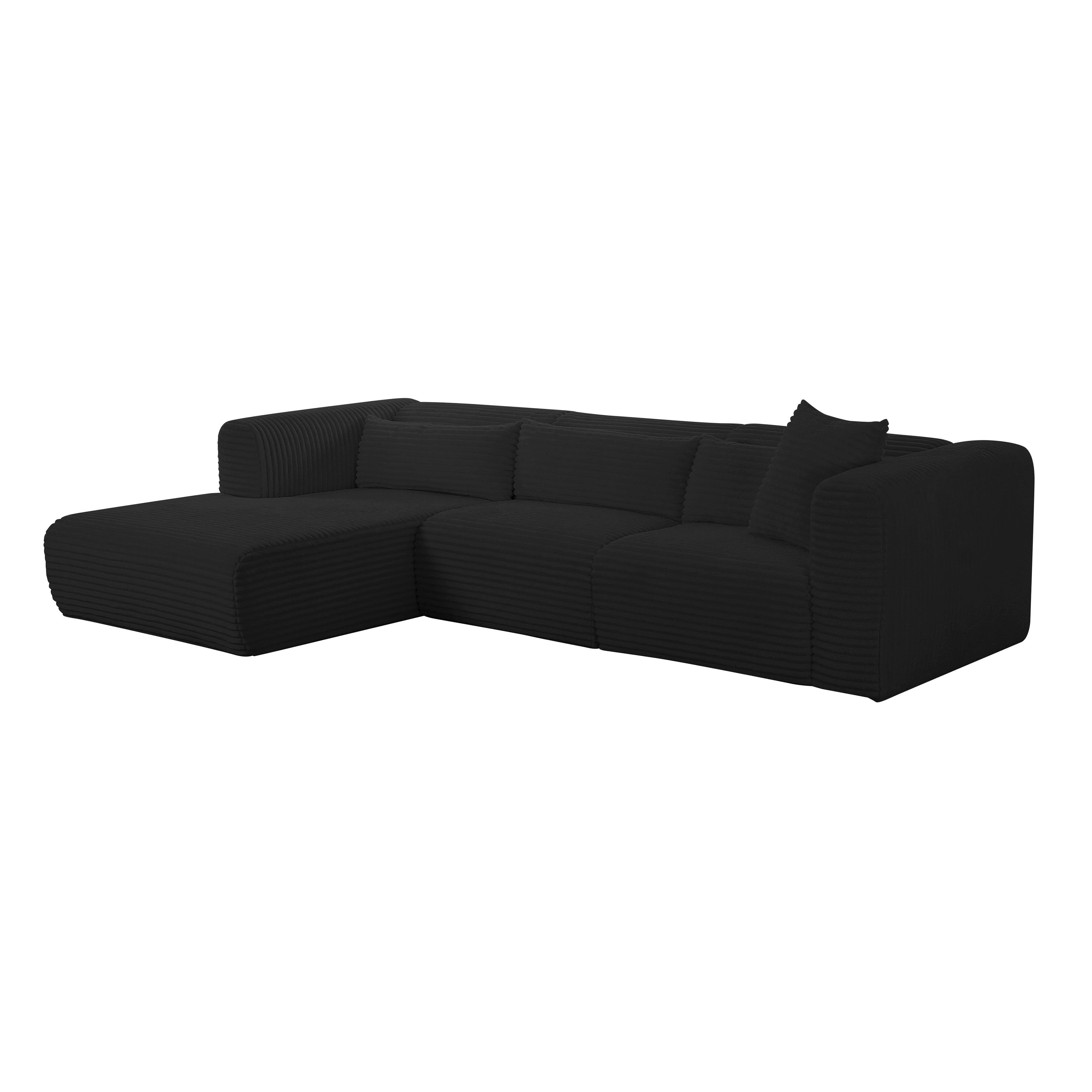 Tarra Fluffy Oversized Black Corduroy Modular LAF Sectional - Image 3