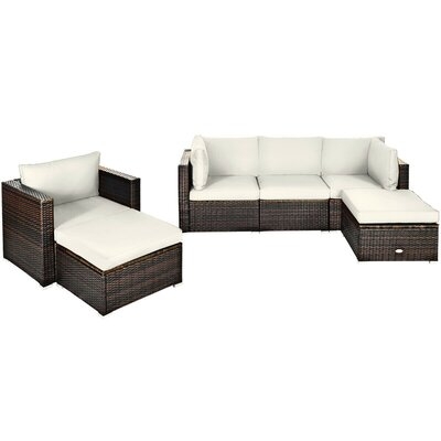 Latitude Run® 6pcs Patio Conversation Set Rattan Sectional Furniture Set W/ White Cushions - Image 0