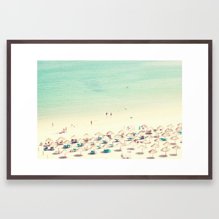 Aerial Beach - Mint Green Ocean - Straw Umbrellas - Crowded Beach - Sea Travel Photography Framed Art Print by Ingrid Beddoes Photography - Conservation Walnut - Large 24" x 36"-26x38 - Image 0