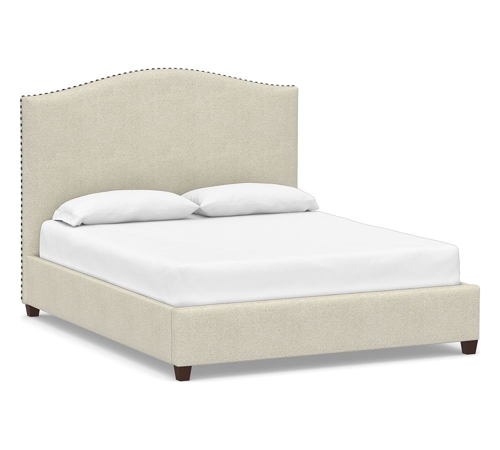 Raleigh Curved Upholstered Tall Bed with Bronze Nailheads, California King, Performance Heathered Basketweave Alabaster White - Image 0