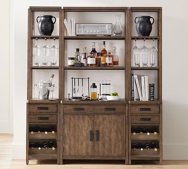Mateo 16" Modular Bar Tower, Double Cabinet + Double Hutch, 2 Wine Cabinets + 2 Single Hutches, Salvaged Black - Image 1