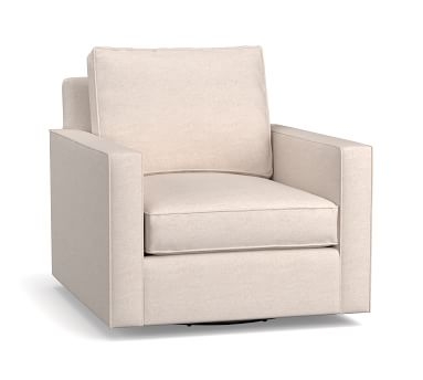 Cameron Square Arm Upholstered Deep Seat Swivel Armchair, Polyester Wrapped Cushions, Performance Heathered Basketweave Alabaster White - Image 1