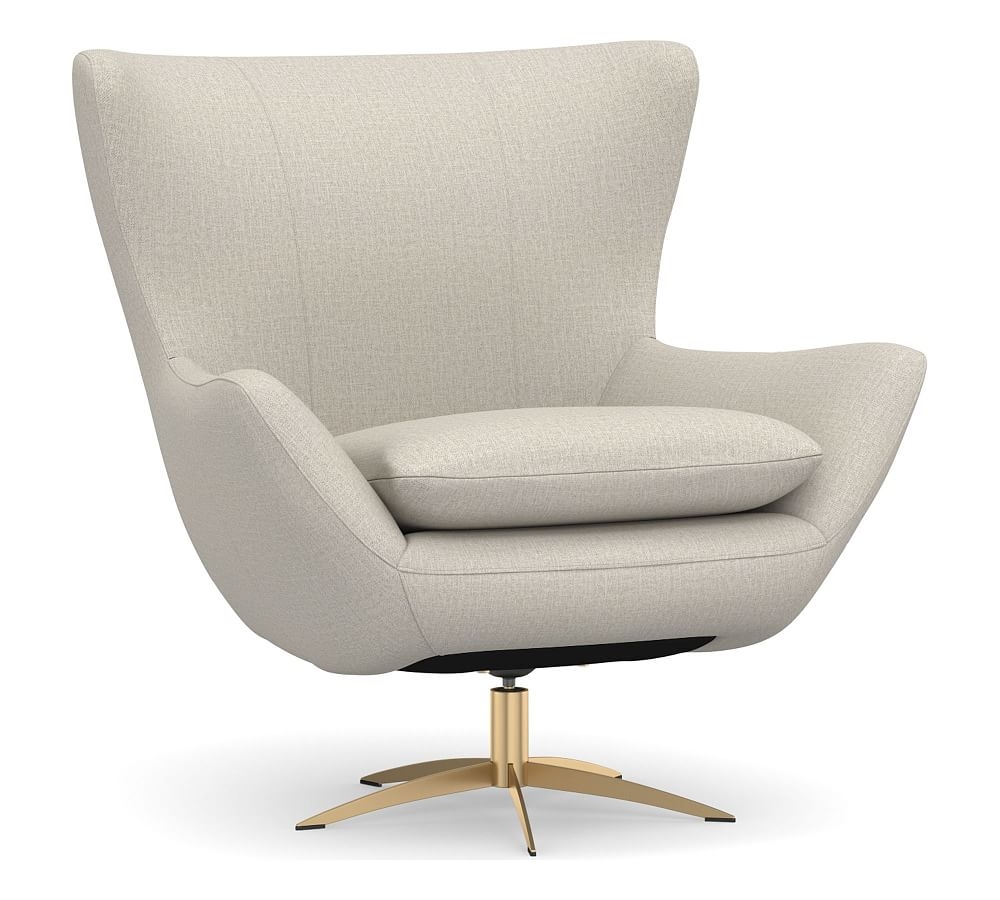 Wells Upholstered Tight Back Swivel Armchair with Brass Base, Polyester Wrapped Cushions, Performance Heathered Tweed Pebble - Image 0