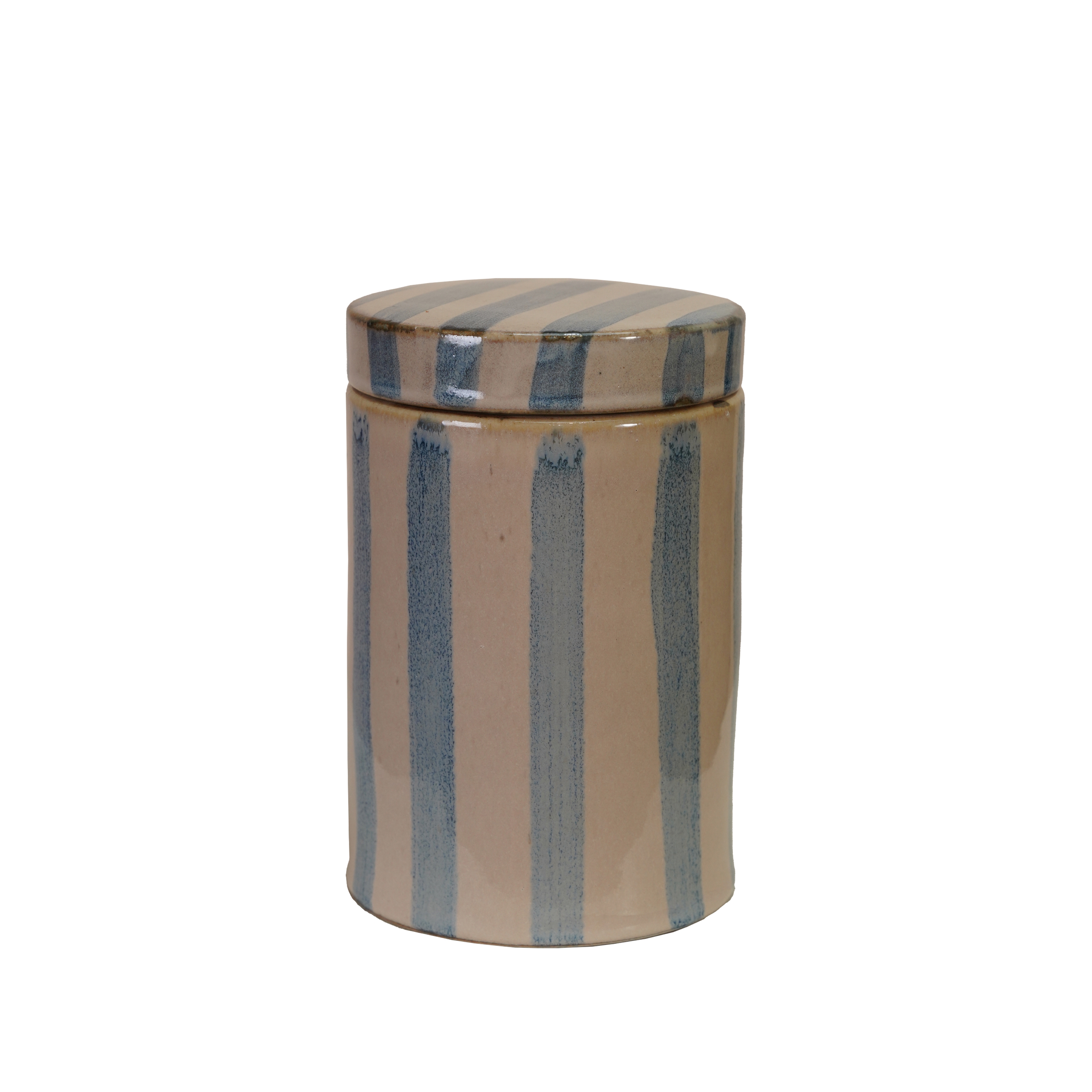 Round Stoneware Striped Jar with Lid, Blue and White - Image 0