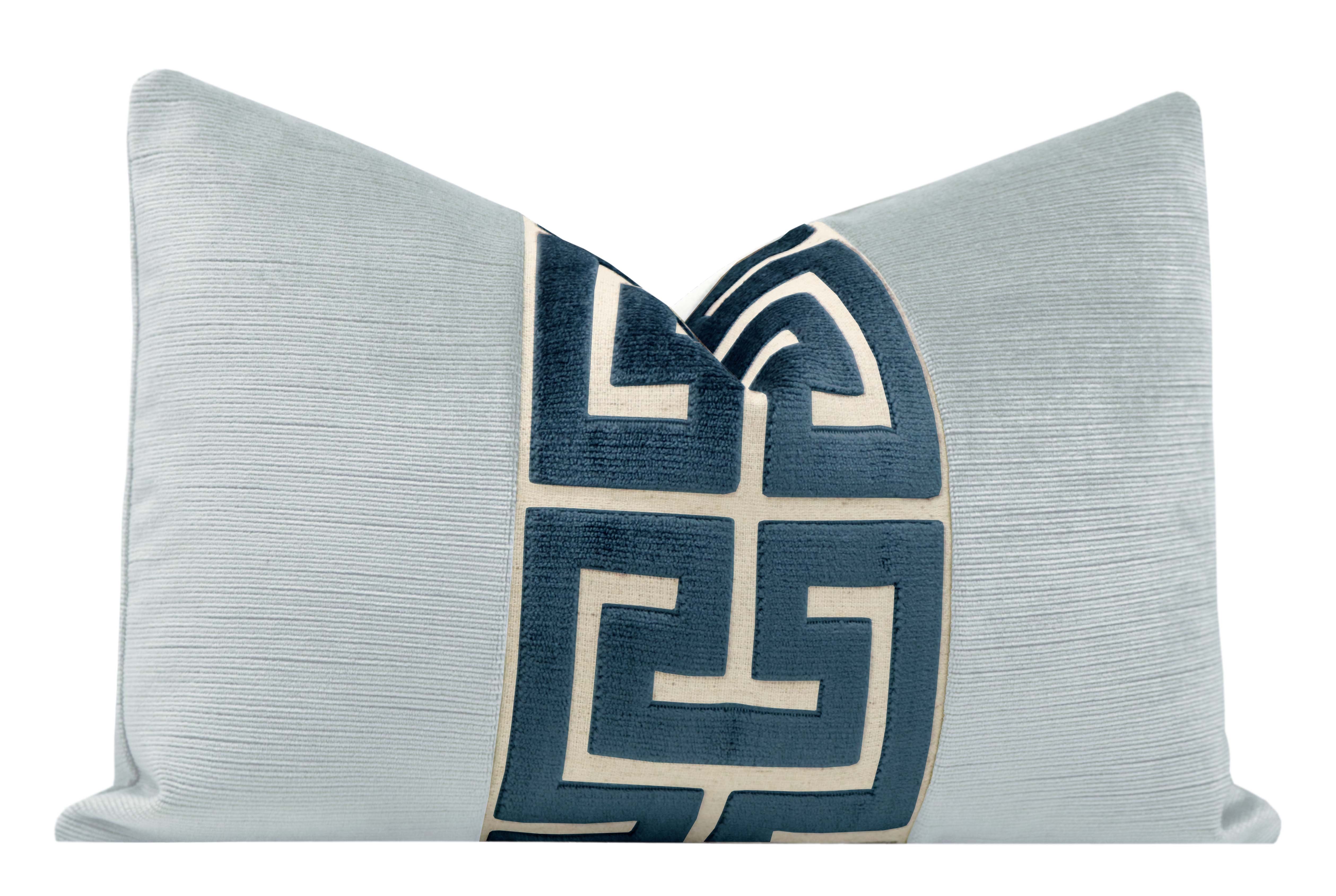 THE LITTLE LUMBAR :: STRIE VELVET // MIST + NAVY BLUE GREEK TRIM - SAMPLE 4" X 4" - Image 1