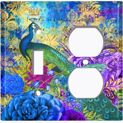 Metal Light Switch Plate Outlet Cover (Peacock Crown Flower - (L) Single Toggle / (R) Single Outlet) - Image 0