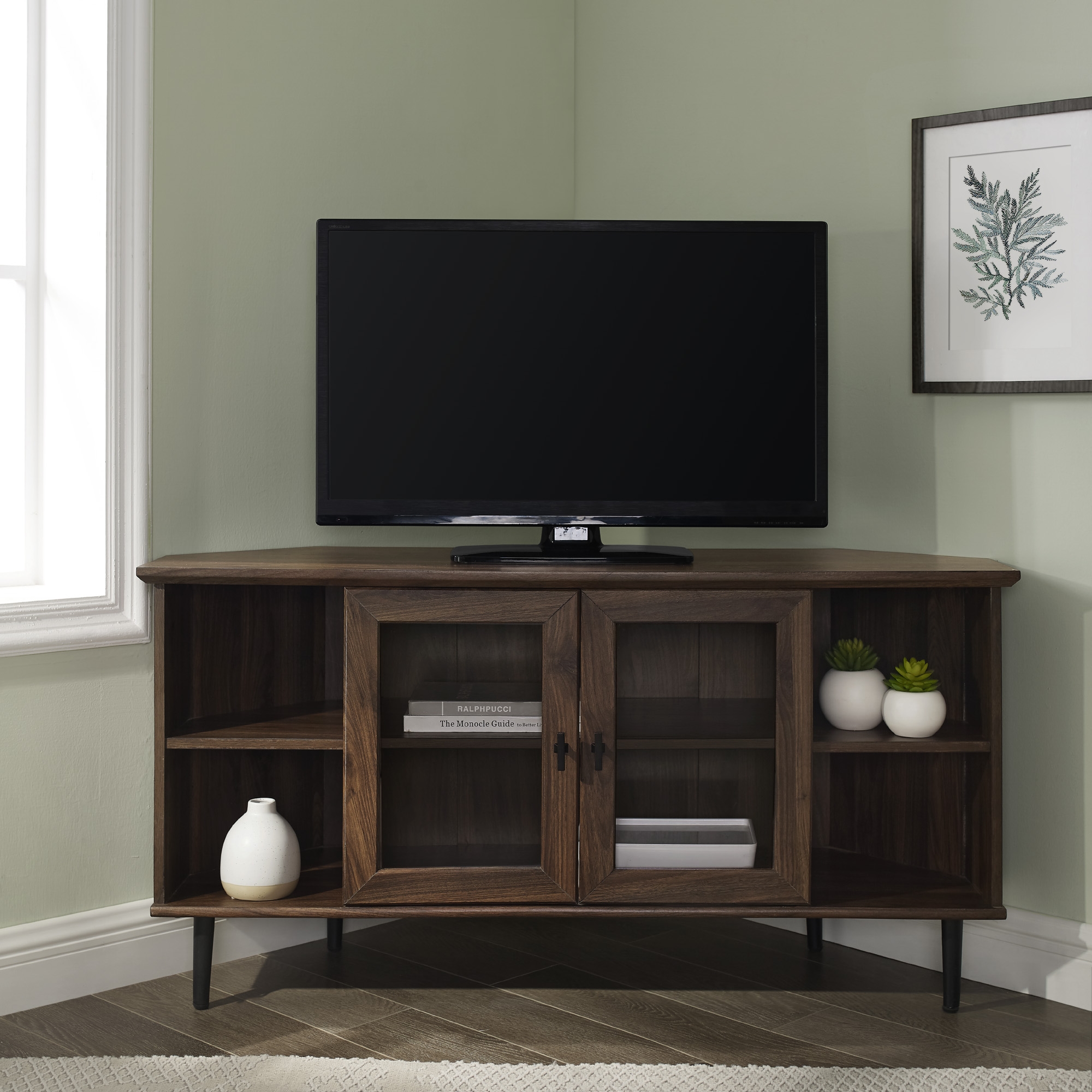 48" Simple Glass Door Corner TV Console - Dark Walnut - Image 5