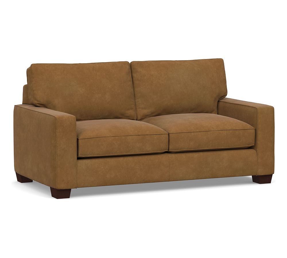 PB Comfort Square Arm Leather Loveseat 71", Polyester Wrapped Cushions, Nubuck Camel - Image 0