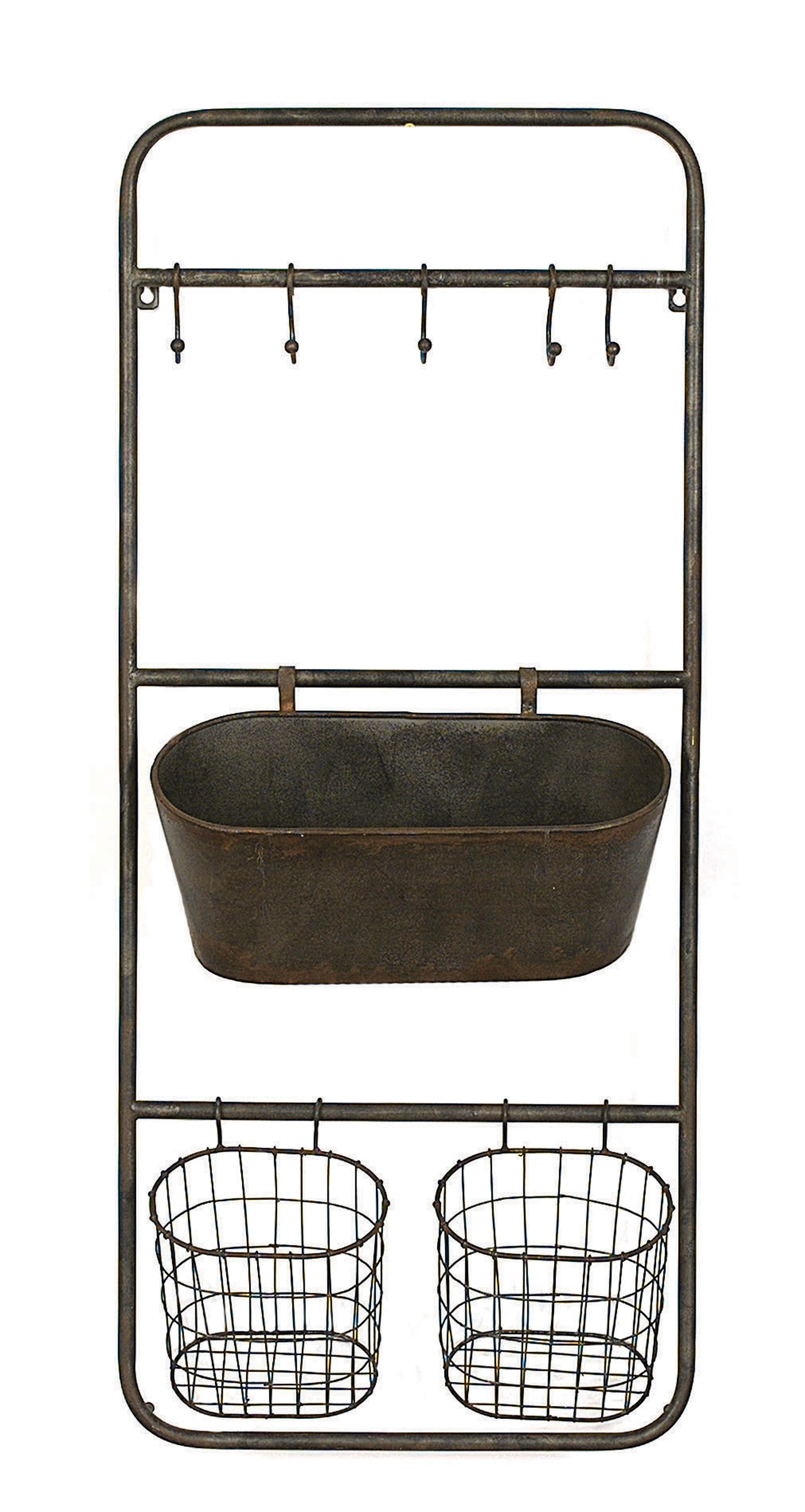 Metal Wall Rack with 5 Hooks & 3 Baskets - Image 0