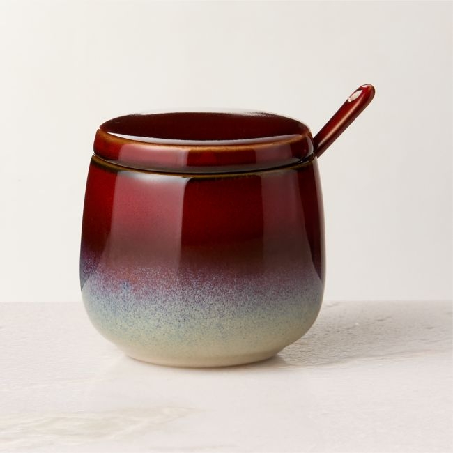 Mori Burgundy and Blue Sugar Bowl and Spoon with Reactive Glaze - Image 0