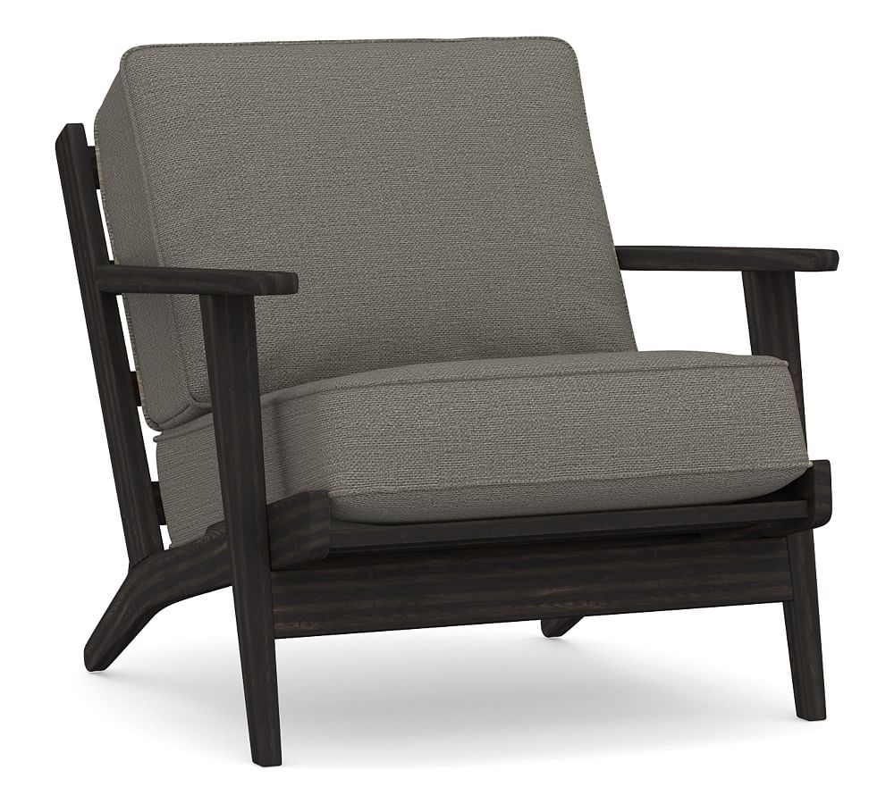 Raylan Upholstered Armchair with Black Finish, Down Blend Wrapped Cushions, Chunky Basketweave Metal - Image 0