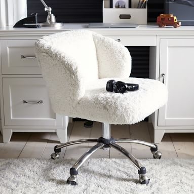 Ivory Sherpa Faux-Fur Wingback Swivel Desk Chair - Image 1