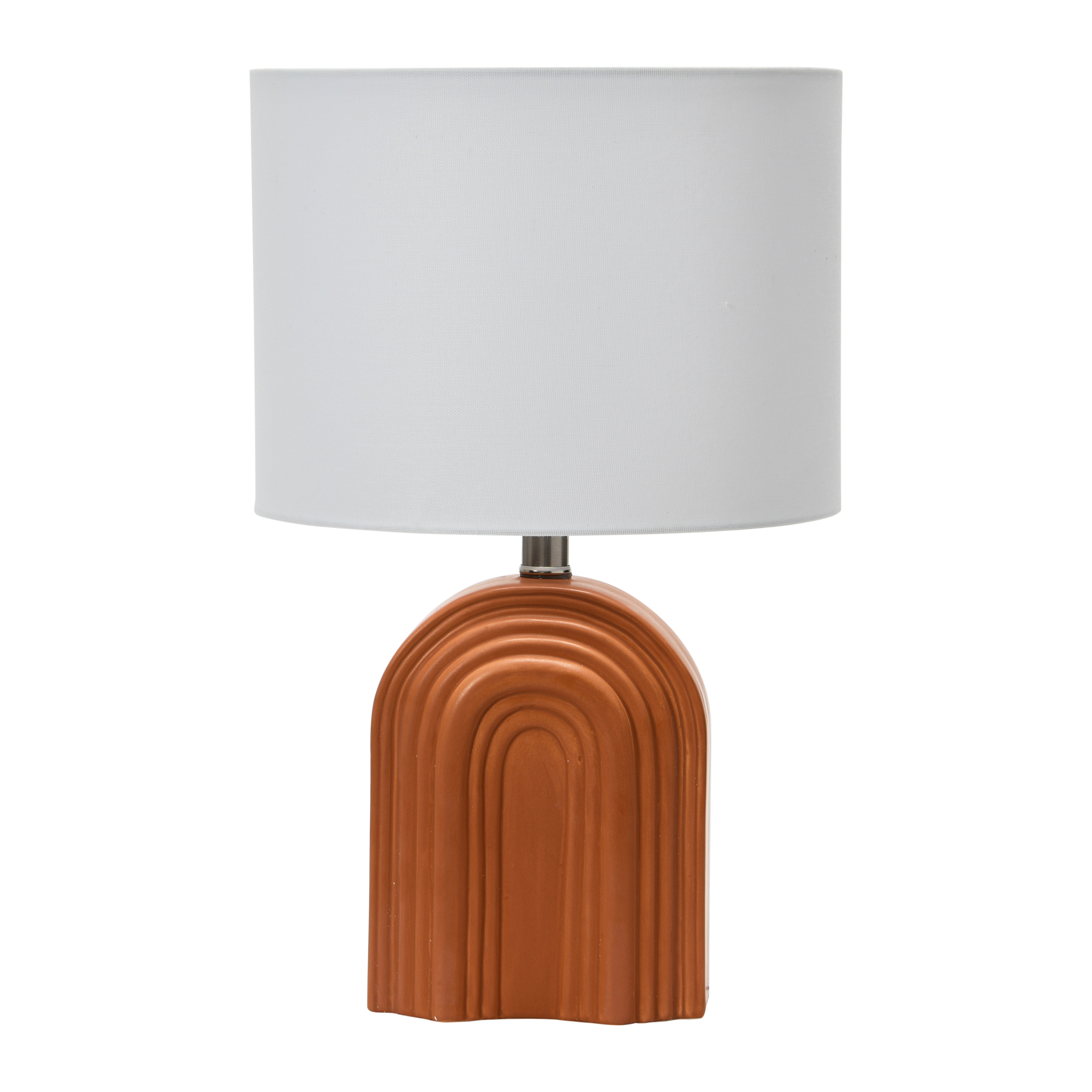 Carved Arch Stoneware Table Lamp with Linen Drum Shade, Terracotta - Image 0