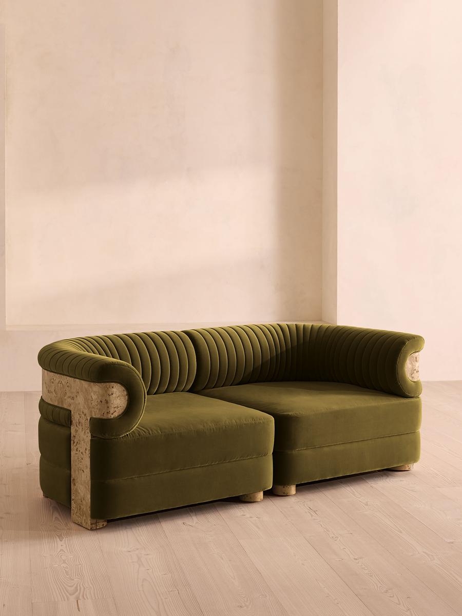 Caleb Sectional Three Seater Sofa, Velvet, Olive, Blonde Burl, US - Image 0