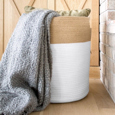Extra Large Tall Woven Rope Storage Basket Jute White Handles | Decorative Laundry Clothes Hamper, Blanket, Towel, Baby Nursery Diaper, - Image 0