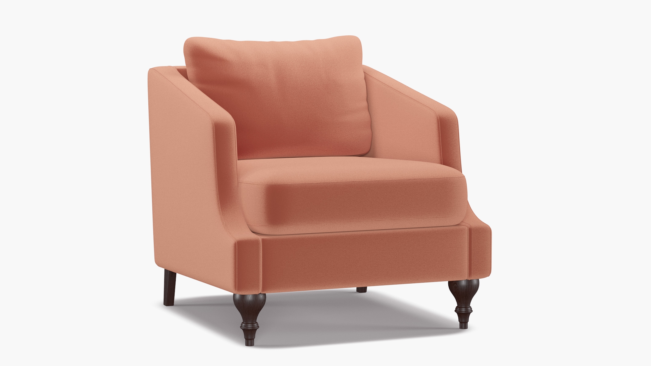 Slope Arm Chair, Coral Performance Velvet, Espresso Turned Wood Leg - Image 1