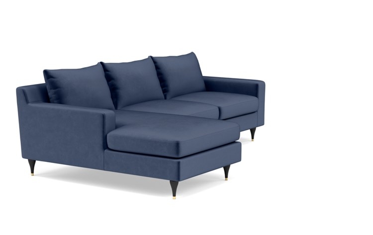 Sloan Left Sectional with Blue Bergen Blue Fabric, down alternative cushions, extended chaise, and Matte Black with Brass Cap legs - Image 1