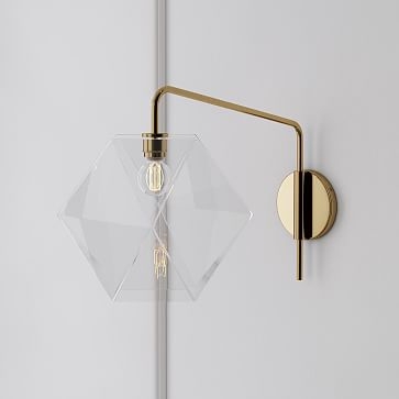 Sculptural Adjustable Sconce, Portable Convertible, Faceted Mini, Clear, Polished Nickel, 4" - Image 1