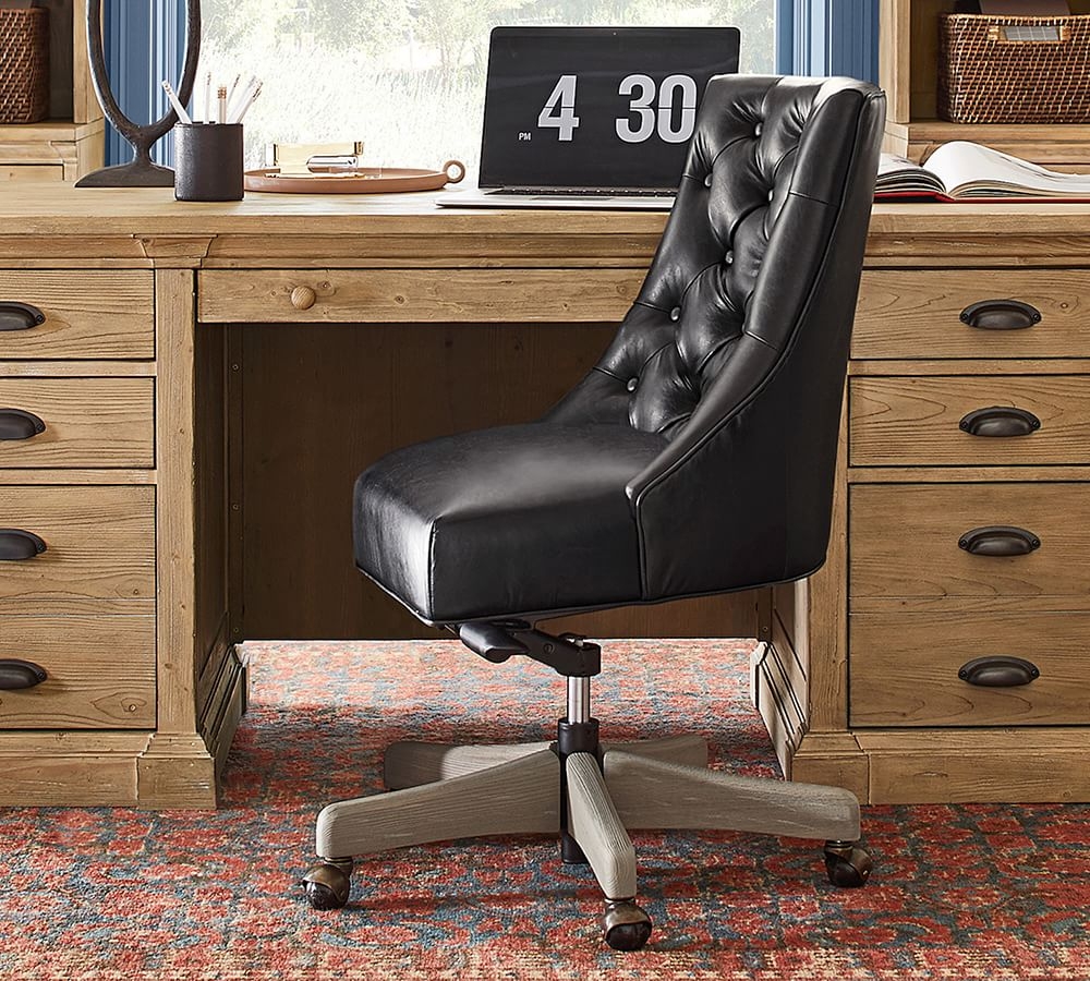 Hayes Tufted Leather Swivel Desk Chair, Gray Wash Base, Churchfield Chocolate - Image 0
