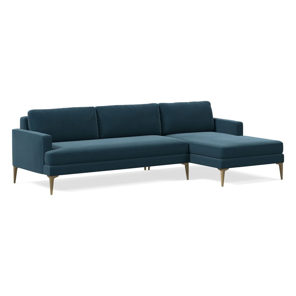 Andes 101" Right Multi Seat 2-Piece Chaise Sectional, Petite Depth, Performance Velvet, Petrol, Brass - Image 0