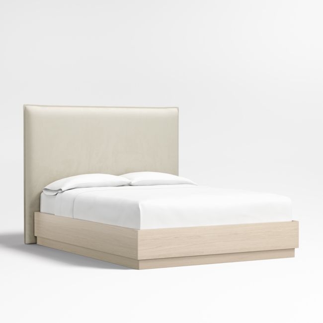 Arvada 54" Beige Upholstered Queen Headboard with Batten White Oak Bed Base - Image 0