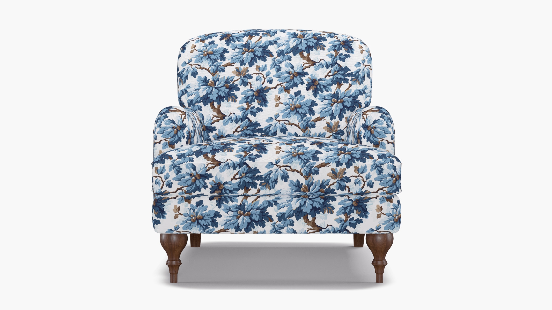English Roll Arm Chair, Delft Woodland, Walnut Turned Wood Leg - Image 0