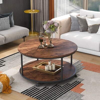 On-Trend Round Coffee Table With Caster Wheels And Wood Textured Surface For Living Room, 35.5(Brown)" - Image 0