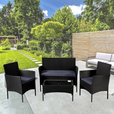 Outdoor Garden Sets Patio Furniture 4-piece Black Pe Rattan Wicker Gray Cushioned Sofa Conversation Sets With Coffee Table - Image 0