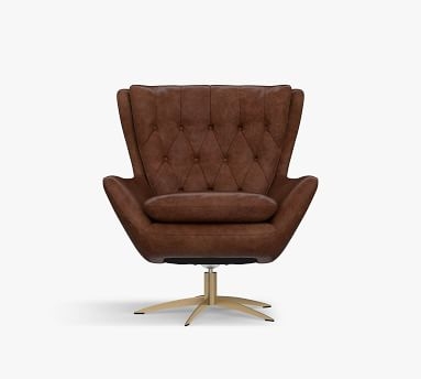 Wells Leather Petite Swivel Armchair with Brass Base, Polyester Wrapped Cushions, Vintage Camel - Image 3