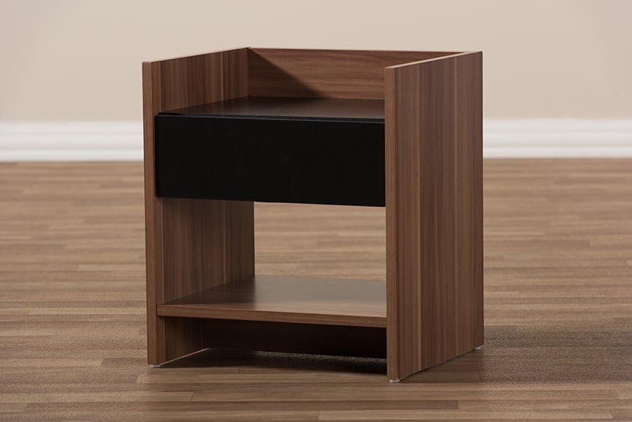 Vanda Modern and Contemporary Two-Tone Walnut and Black Wood 1-Drawer Nightstand - Image 6